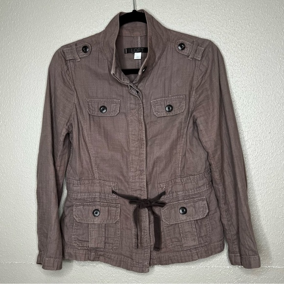 Loft Womens Petite Medium PM Military Jacket Brown Lightweight Drawstring Front - Picture 6 of 8
